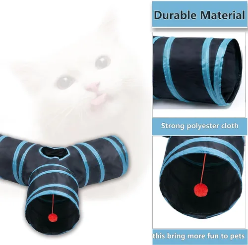Miniatura 4 de Túnel para gatos, tubos de juguete, túneles para gatos de interior, juguete interactivo plegable de 3 vías en azul con bolas para conejos, gatitos