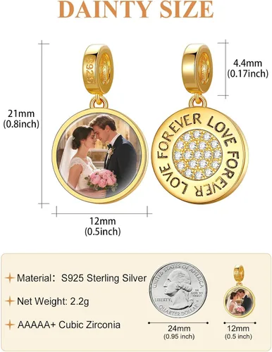 Miniatura 18 de Custom4U Photo Charms for Bracelets 925 Sterling Silver/Gold Plated Heart/Tree of Life/Round Charm Bead Personalized with Picture Custom