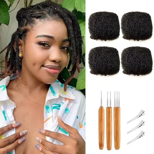 Miniatura 7 de Cabello humano afro apretado a granel para extensiones de rastas, 100% cabello humano, 4.23 onzas, 4 paquetes de 8 pulgadas de largo, extensiones