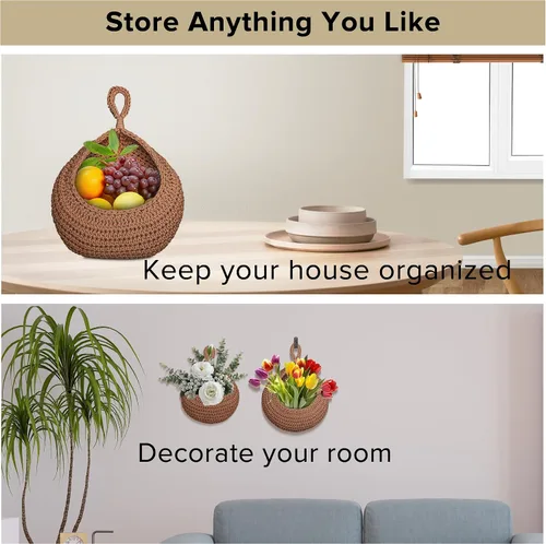 Miniatura 7 de 6 cestas de frutas colgantes de pared para cocina, cesta colgante bohemia con 12 ganchos fuertes, almacenamiento de cocina, verduras, frutas, papas
