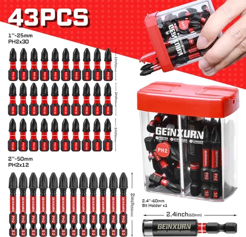Miniatura 2 de Geinxurn Juego de Puntas de Destornillador de Impacto #2 Phillips, 43 piezas Brocas Magnéticas PH2 (1" y 2") S2 de Acero con Caja de Almacenamiento