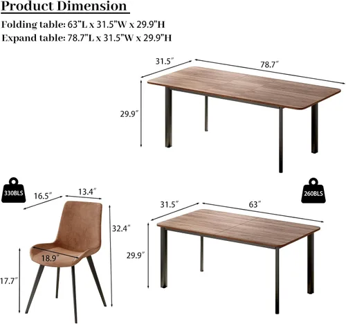 Miniatura 4 de HIPIHOM Juego de mesa de comedor extensible de 63 a 78.7 pulgadas para 6, mesa de cocina moderna con 6 sillas de comedor para 4 a 6 personas, mesa