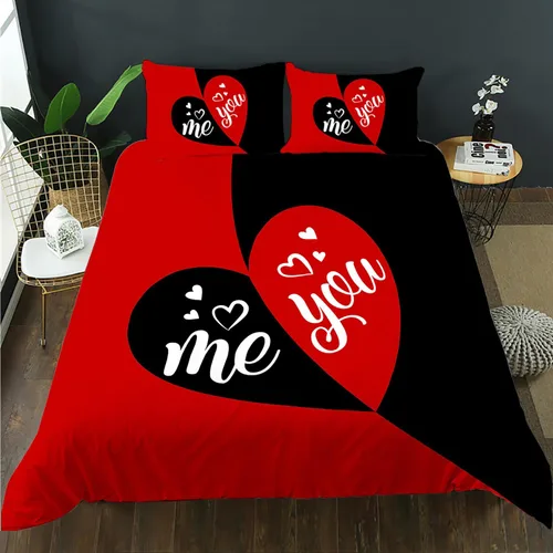 AILONEN - Juego de funda de edredón tamaño individual, diseño de corazones para parejas, juego de ropa de cama rojo y negro, diseño "Yo y tú", juego