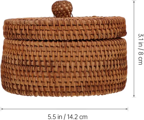 Miniatura 3 de Abaodam Caja de almacenamiento de ratán tejida a mano con tapa, pequeña cesta redonda de mimbre para organización de escritorio, estante de baño
