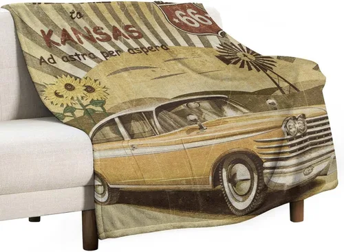 Miniatura 40 de Manta de motocicleta antigua, rústica y clásica, con temática de auto clásico, ruta de EE. UU., 66, patrón impreso, manta de franela súper suave