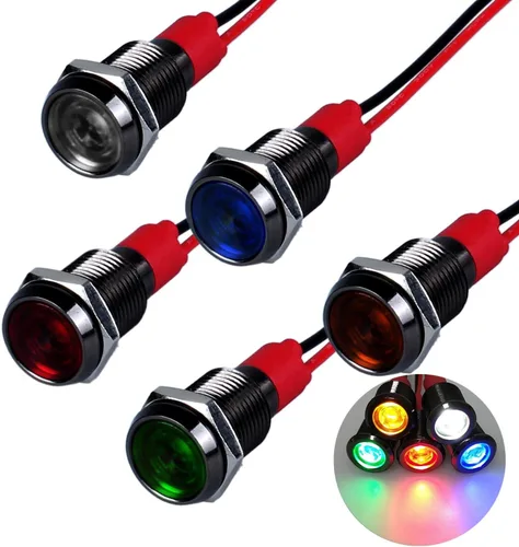 Miniatura 27 de 5 unidades de 0.236 in 12V-24V 20mA luz indicadora LED de metal de ahorro de energía, bisel cromado negro, orificio de montaje de 1/4 pulgadas