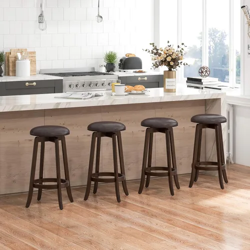 Miniatura 9 de COSTWAY Juego de 2 taburetes de bar giratorios de 29 pulgadas, taburetes de bar tapizados con asiento de piel sintética y patas de madera de goma