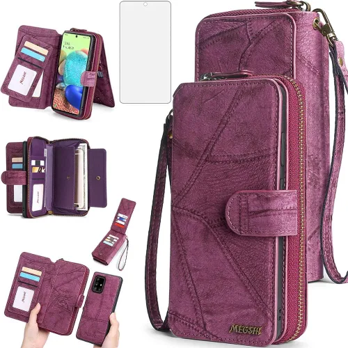 Asuwish Funda de teléfono para Samsung Galaxy A71 5G con cremallera, funda desmontable con protector de pantalla y soporte de cuero para tarjetas,