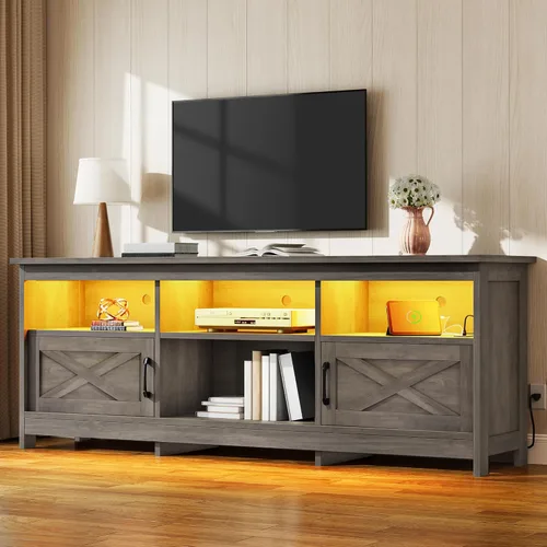 Miniatura 8 de YITAHOME Soporte de TV para televisores de 65 pulgadas, centro de entretenimiento con armarios de almacenamiento, toma de corriente y luz LED, Negro