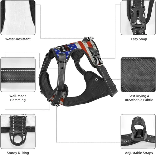Miniatura 4 de Arnés personalizado para perro sin tirones, chaleco personalizado con bandera estadounidense vintage con número de teléfono y nombre de mascota