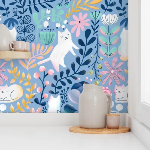 Miniatura 8 de Spoonflower Papel tapiz para despegar y pegar, papel tapiz extraíble personalizado de gatos de primavera con diseño de gatos florales