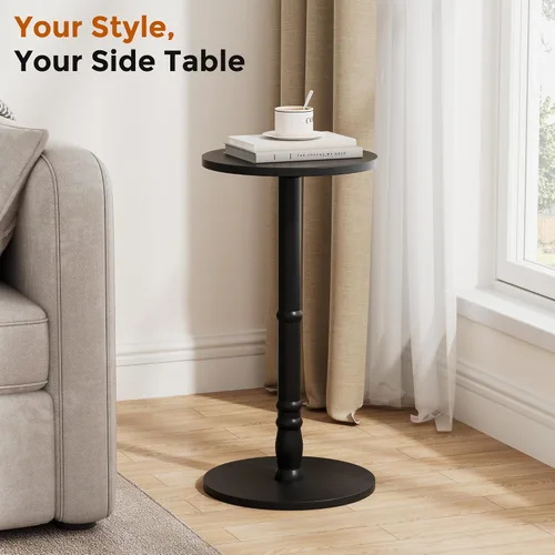 Miniatura 4 de Homleke Mesa auxiliar redonda, pilar de madera maciza con parte superior y base de madera, pequeña mesa de acento para bebidas para sala de estar