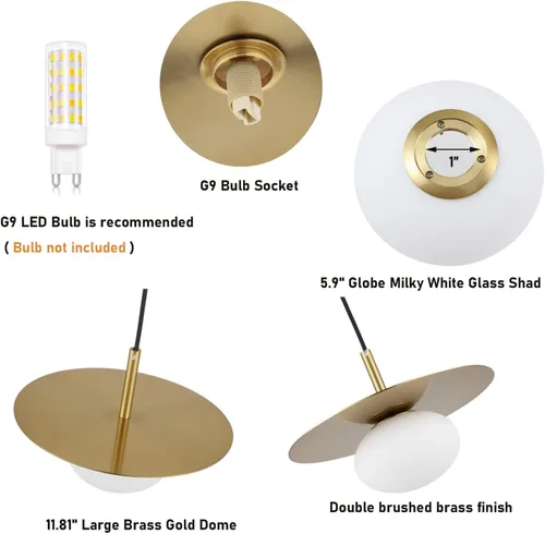Miniatura 5 de BYOLIIMA Juego de dos lámparas colgantes de globo moderno con pantalla de vidrio blanco lechoso latón dorado estilo granja lámpara colgante de 11.81