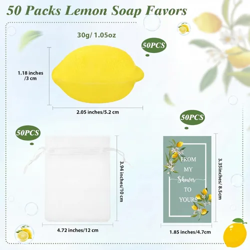 Miniatura 2 de Lounsweer Juego de 50 jabones de limón para boda, regalos de jabón natural en forma de limón de My Shower to Yours, tarjetas de organza blanca