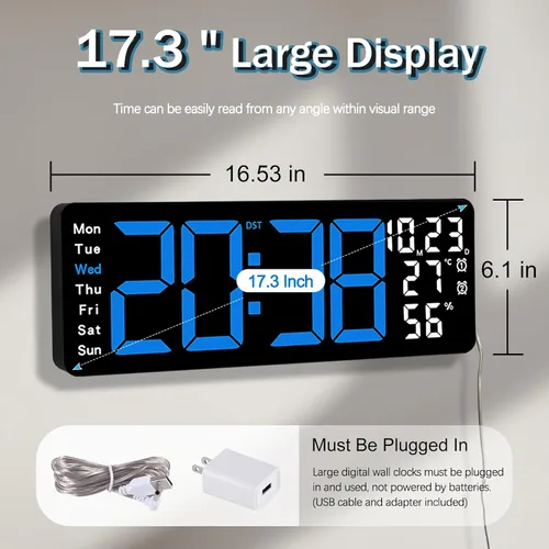 Miniatura 2 de JoFomp Reloj de pared digital grande de 17.3 pulgadas, reloj digital LED con control remoto, reloj despertador