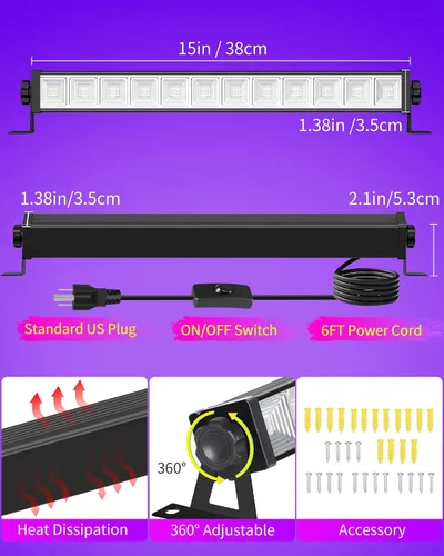Miniatura 6 de 4 paquetes de barra de luz negra de 45 W con cable de 6 pies + interruptor, cada luz ilumina un área de 25x25 pies, luz de inundación LED de luz