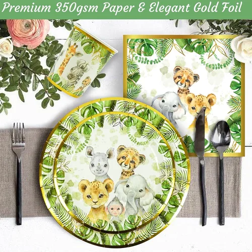 Miniatura 3 de 121 piezas de decoración temática de safari en la selva para baby shower, suministros de fiesta de cumpleaños para niños y niñas, mantel, platos