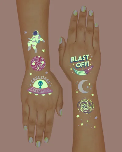 Miniatura 4 de xo, Fetti Space + Planets - Tatuajes temporales que brillan en la oscuridad para niños, 50 piezas, suministros de fiesta de cumpleaños