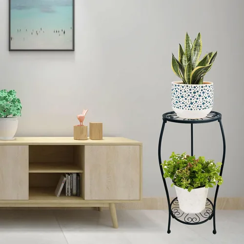 Miniatura 5 de Paquete de 2 soportes de metal de 25.2 pulgadas para macetas redondas, soporte para macetas de 2 niveles para interiores y exteriores, resistente a