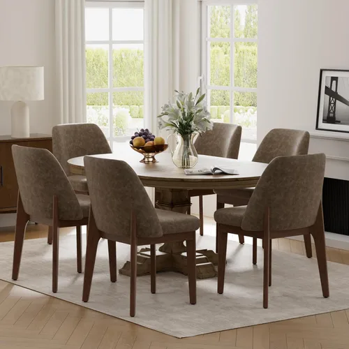 Miniatura 11 de VKNOW Juego de 2 sillas de comedor modernas, sillas de cocina de piel sintética con patas de madera, sillas laterales tapizadas para cocina, Beige
