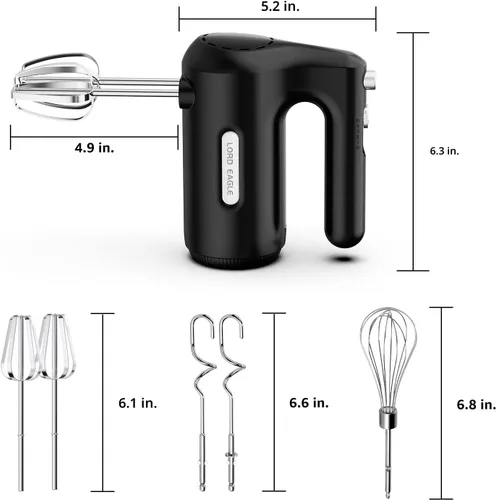 Miniatura 3 de Lord Eagle Batidora de mano eléctrica de 5 velocidades, batidora de mano compacta de 300 W, batidor de huevos de cocina portátil con 5 accesorios