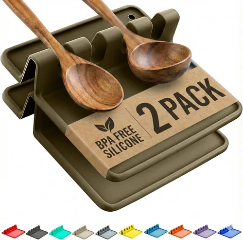 Miniatura 13 de Soporte de cuchara de silicona naranja para estufa con almohadilla de goteo (paquete de dos) – Resistente al calor sin BPA y soporte para cuchara