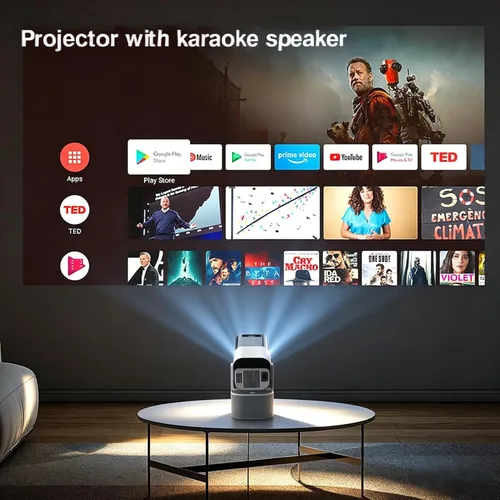 Miniatura 3 de Proyector portátil KTV JY320, mini proyector compatible con 4K con 2 micrófonos inalámbricos, WiFi6, Bluetooth, giratorio de 180°, proyector de cine