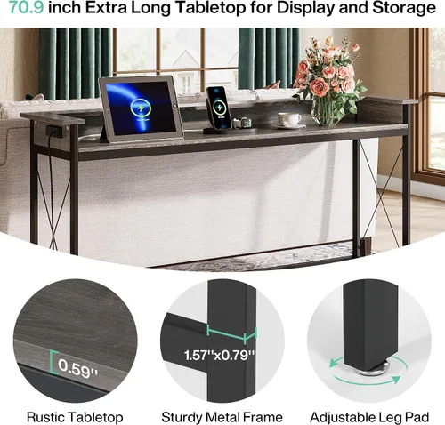 Miniatura 6 de Tribesigns Mesa de sofá con tomas de corriente y puertos USB, mesa consola extra larga de 70.9 pulgadas detrás del sofá con estación de carga, mesa
