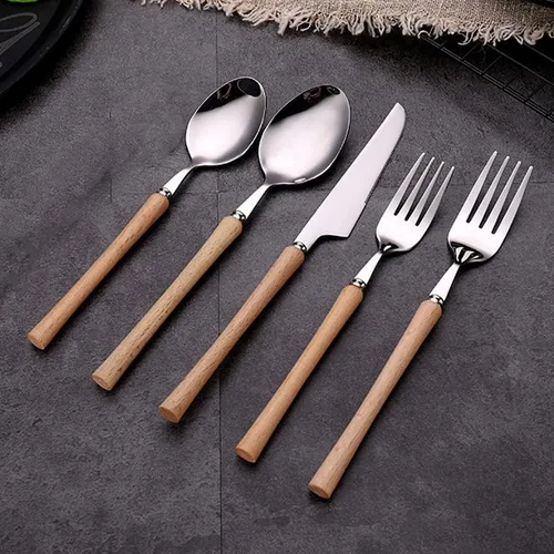 Miniatura 2 de Juego de cubiertos de madera para 4 cubiertos modernos de acero inoxidable, juego de 20 cuchillos, tenedores, cucharas, vajilla para el hogar