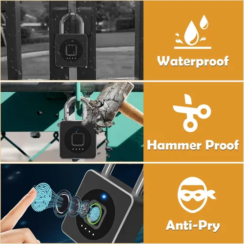 Miniatura 7 de Pothunder Cerradura de huellas dactilares con aplicación, candado biométrico sin llave de cable de acero, resistente al agua inteligente para Negro