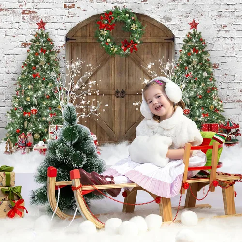 Miniatura 3 de Mocsicka Telón de fondo de fotografía de Navidad con puerta de granero, árbol de Navidad, regalos de nieve, decoración de fondo de fotos de casa