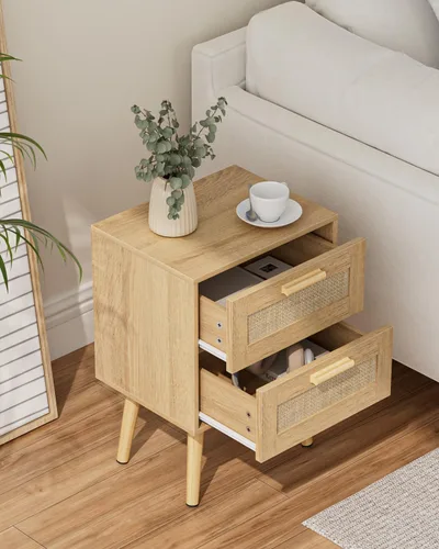 Miniatura 4 de Masupu Mesita de noche de ratán, moderna mesita de noche bohemia con 2 cajones, mesa auxiliar pequeña para dormitorio, sala de estar, oficina