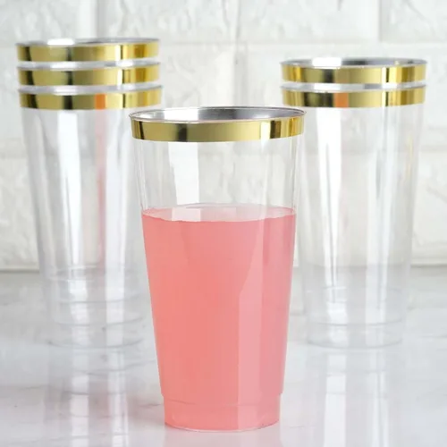 Miniatura 16 de Efavormart - Paquete de 12 vasos de plástico de 17 onzas con elegante borde dorado, vasos desechables de alta calidad para bodas, cenas de cosecha