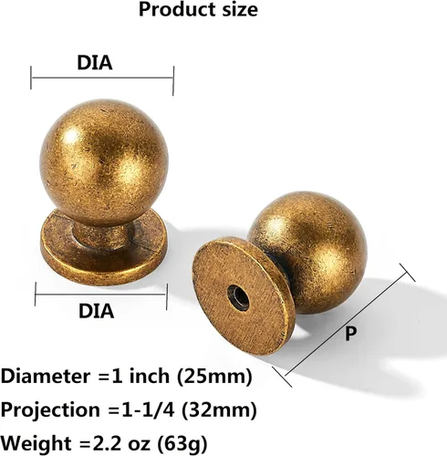 Miniatura 2 de khtumeware - Paquete de 10 pomos redondos de 1 pulgada (25 mm) de diámetro, acabado de latón antiguo, pomos de bola para alacena