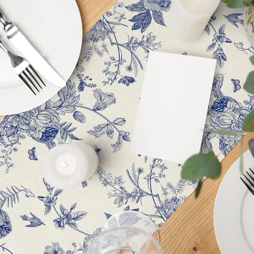 Miniatura 5 de AnyDesign Camino de mesa azul y blanco de 13 x 72 pulgadas, monocromático, pájaros, flores, cubierta de mesa retro floral para cocina, mesas