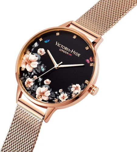 Miniatura 2 de VICTORIA HYDE Relojes de cuarzo para mujer, esfera floral con correa de malla de acero inoxidable, correa de cuero auténtico, impermeable, reloj