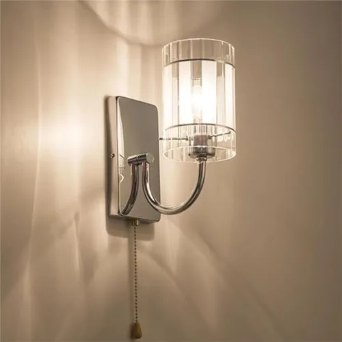 Miniatura 6 de Aplique de pared LED con interruptor de cadena de cristal transparente, cromado, lámpara cilíndrica moderna de mediados de siglo, lámpara cableada