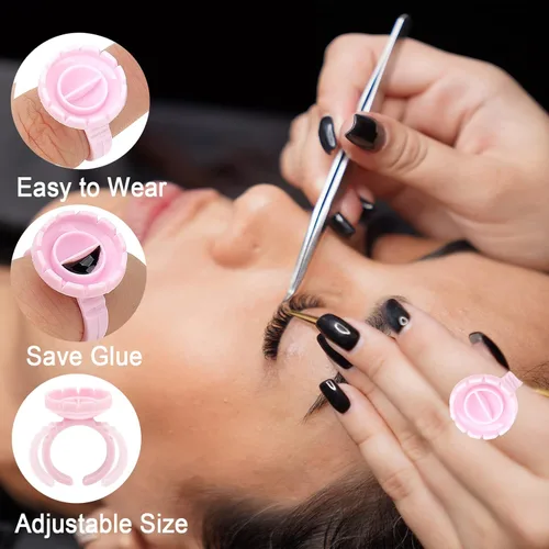 Miniatura 6 de 300 anillos de pegamento para pestañas, anillos de pegamento inteligentes para extensiones de pestañas, anillos desechables para suministros de Rosa