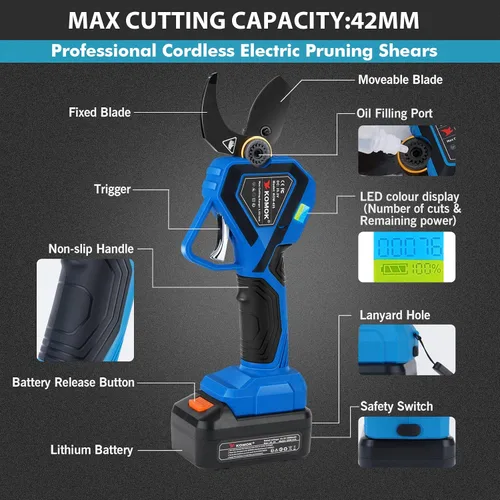 Miniatura 7 de KOMOK Tijeras de podar eléctricas inalámbricas profesionales, herramientas inteligentes para huerto, 2 baterías recargables de 2 Ah, podadora