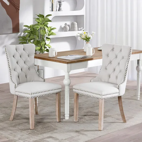 SoarFlash Juego de 2 sillas de comedor de tela de lino, sillas de comedor tapizadas con ribete de cabeza de clavo y patas de madera de color claro