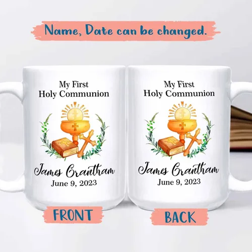 Miniatura 2 de Tazas personalizadas de la Santa Comunión de 11 onzas y 15 onzas, taza de café blanca con texto en inglés "My First Holy Communion", regalos