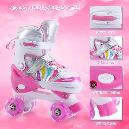 Miniatura 3 de Patines ajustables para niños y niñas, niños pequeños, jóvenes, color rosa, 4 tamaños, ajustables, para niños y niñas, para tallas 11J hasta