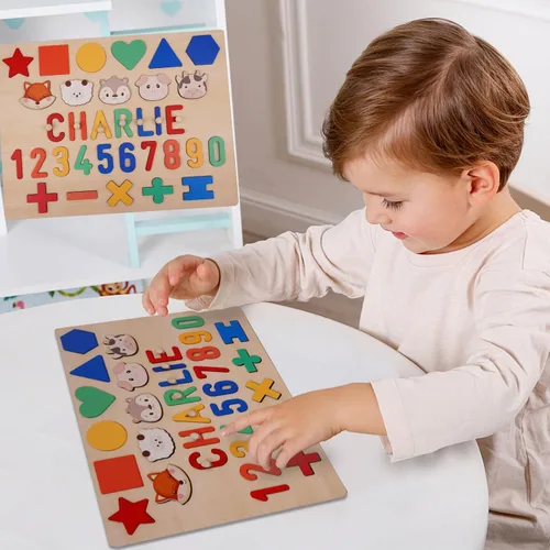 Miniatura 7 de Rompecabezas personalizado con nombre para niños pequeños de 1 a 3 años, bloques de madera con letras, números y formas, regalos personalizados