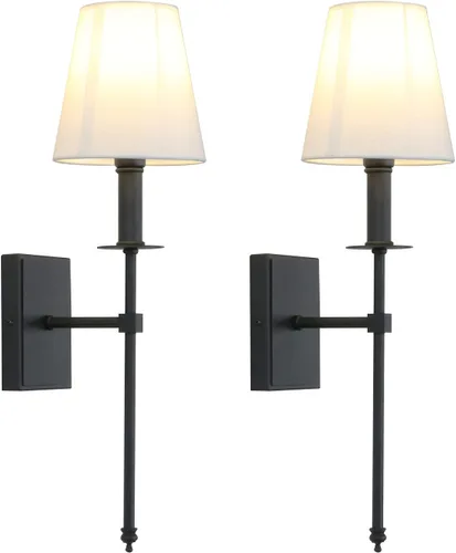 PERMO - Juego de 2 lámparas de pared industriales rústicas clásicas con pantalla de tela blanca acampanada y soporte de columna cónico negro,
