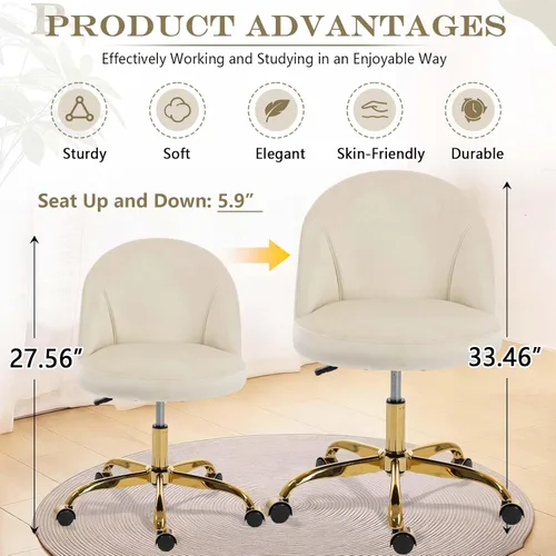 Miniatura 3 de Silla de tocador blanca y dorada con respaldo, silla pequeña para tocador, sillas de maquillaje giratorias de terciopelo y bonitas sillas déak