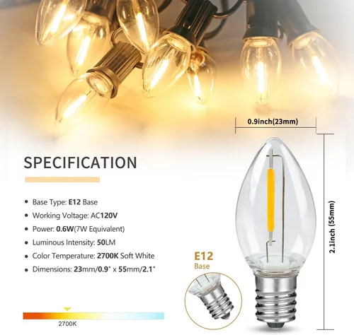 Miniatura 2 de Paquete de 10 bombillas LED de noche, bombillas LED de candelabro C7, base de candelabro E12, 0.6 W equivalente a 7 W, blanco cálido 2200 K, 50 lm