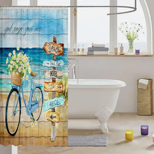 Miniatura 3 de Manfei Cortinas de ducha de playa de verano, cortinas de baño impermeables con 12 ganchos, para bañera, cortinas de baño de tablones de madera