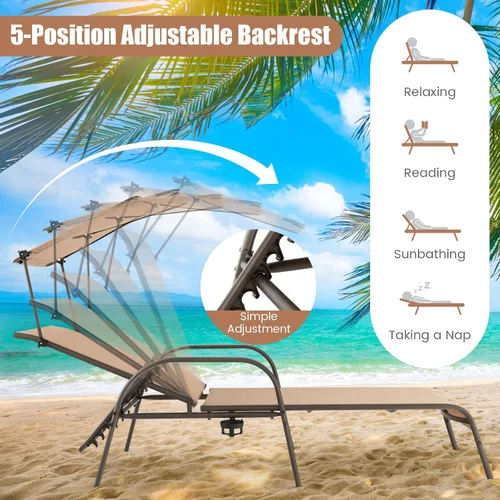 Miniatura 4 de Byroce - Sillón de patio con toldo, tumbona para exteriores con respaldo ajustable de 5 niveles, brazos y portavasos, silla reclinable de metal