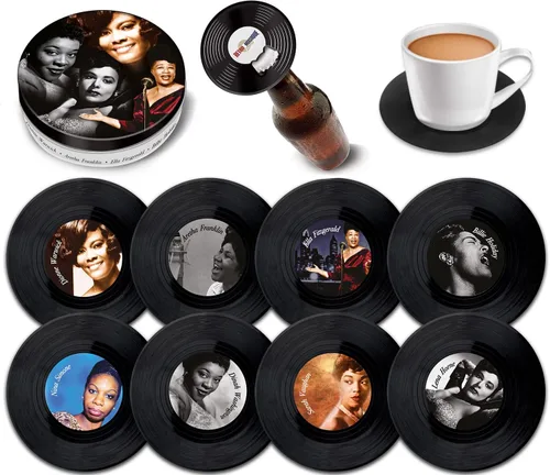 Miniatura 10 de Juego de 8 posavasos de vinilo de The Beatles con abridor magnético de botellas, bonitos posavasos de música, regalos de bar para hombres y mujeres