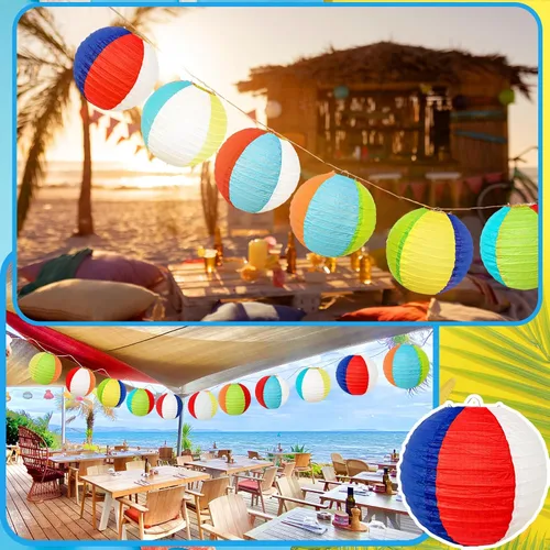 Miniatura 4 de Paquete de 12 linternas de papel de bola de playa de 8 pulgadas, decoraciones de aula de verano y decoración colgante de fiesta en la piscina, Luau
